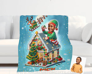 Blankets Personalized ELF Interlocking Building Bricks 3 Photo Blanket | Custom Face & Name Blanket For Boys