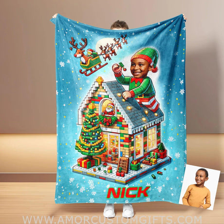 Blankets Personalized ELF Interlocking Building Bricks 3 Photo Blanket | Custom Face & Name Blanket For Boys