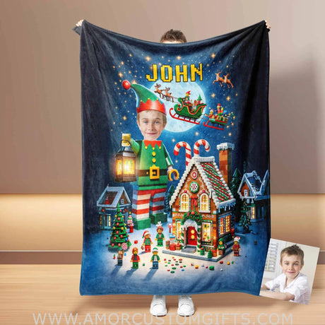 Blankets Personalized ELF Interlocking Building Bricks 4 Photo Blanket | Custom Face & Name Blanket For Boys