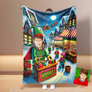 Blankets Personalized ELF Interlocking Building Bricks 5 Photo Blanket | Custom Face & Name Blanket For Boys