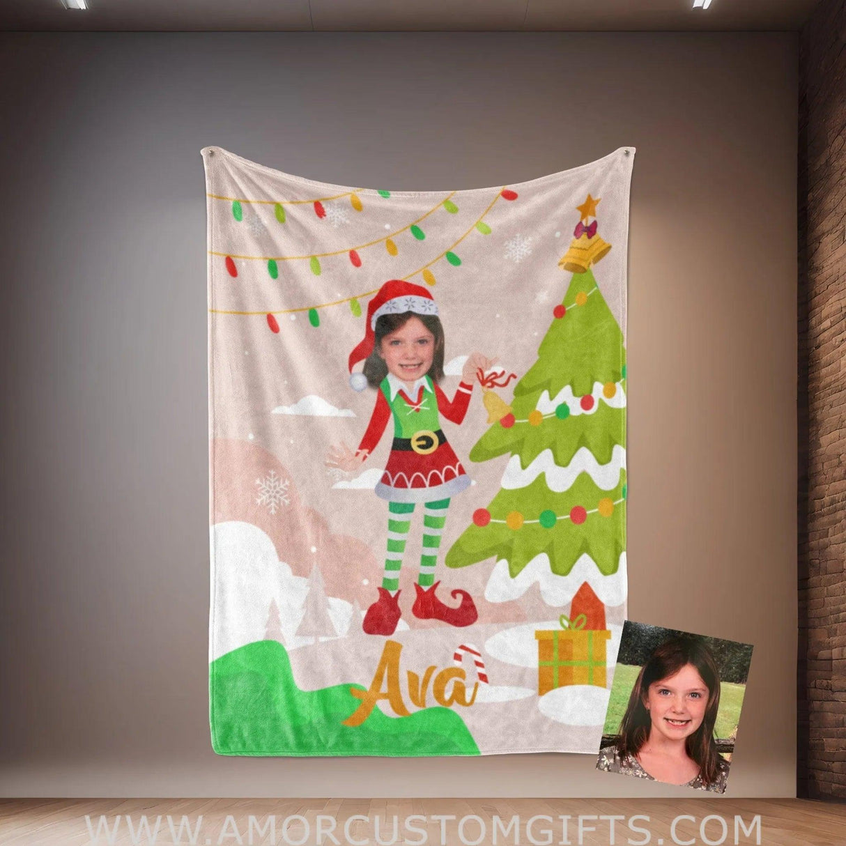 Blankets Personalized ELF Xmas Girl Photo Blanket | Custom Face & Name Blanket For Girls