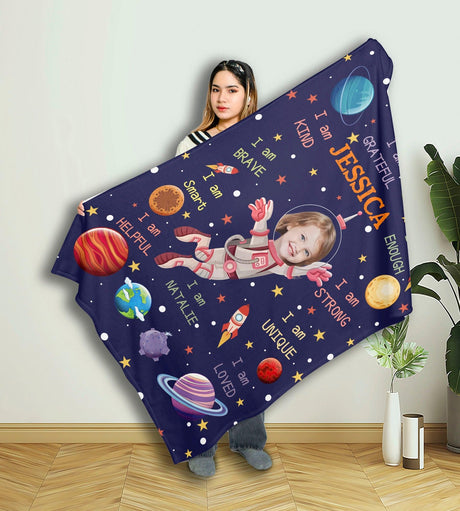 Personalized Face & Name Astranaut Girl Photo Blanket-Blankets-Amor Custom Gifts