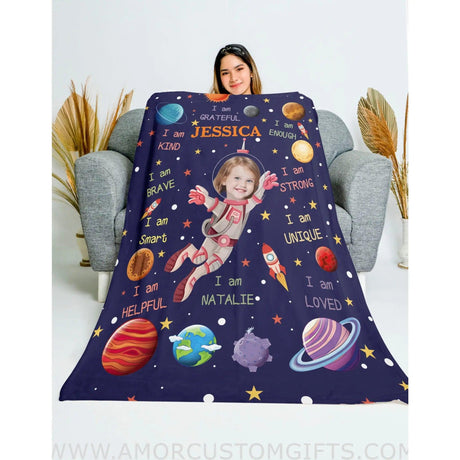 Personalized Face & Name Astronaut Girl Blanket Blankets