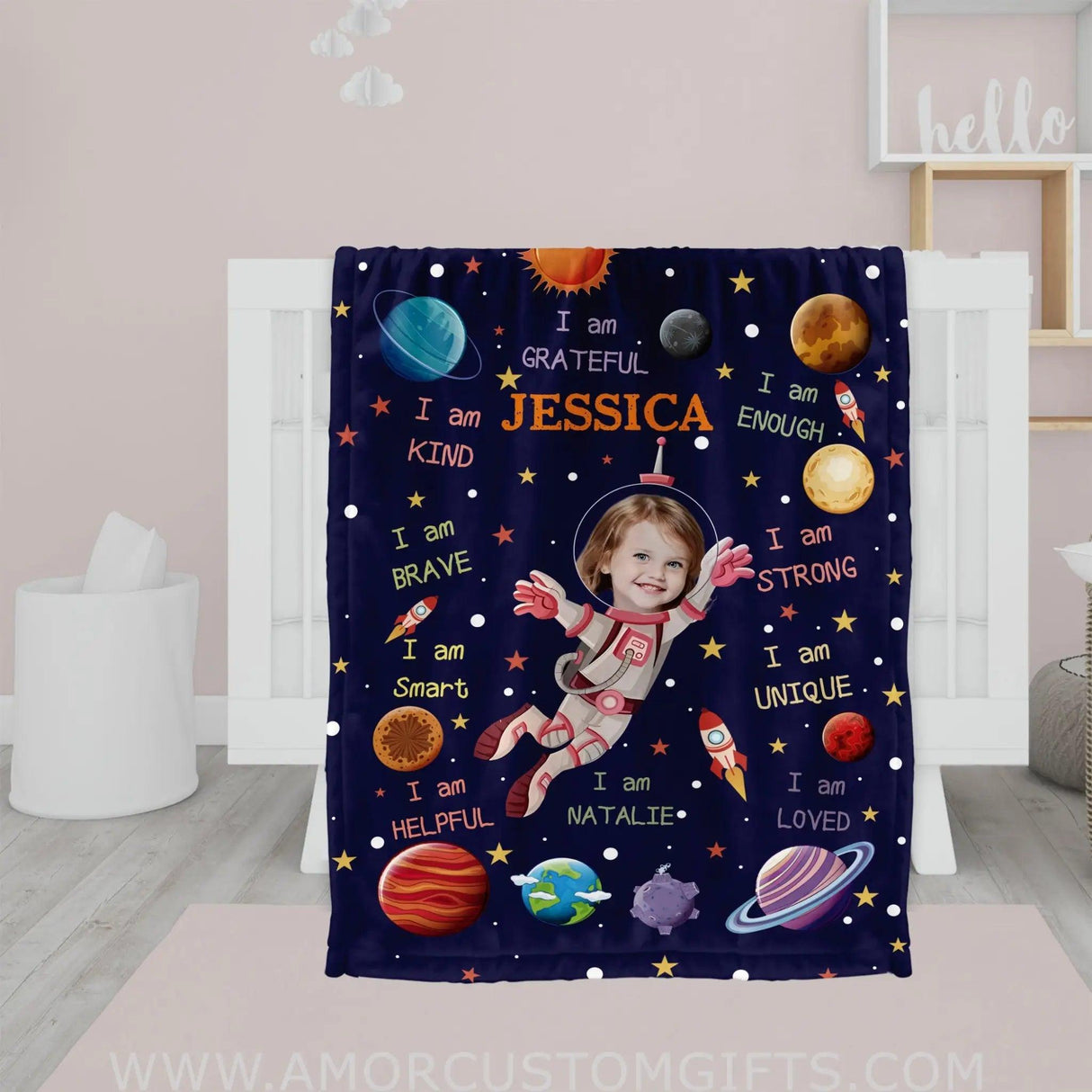 Personalized Face & Name Astronaut Girl Blanket Blankets