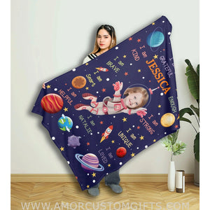 Personalized Face & Name Astronaut Girl Blanket Blankets