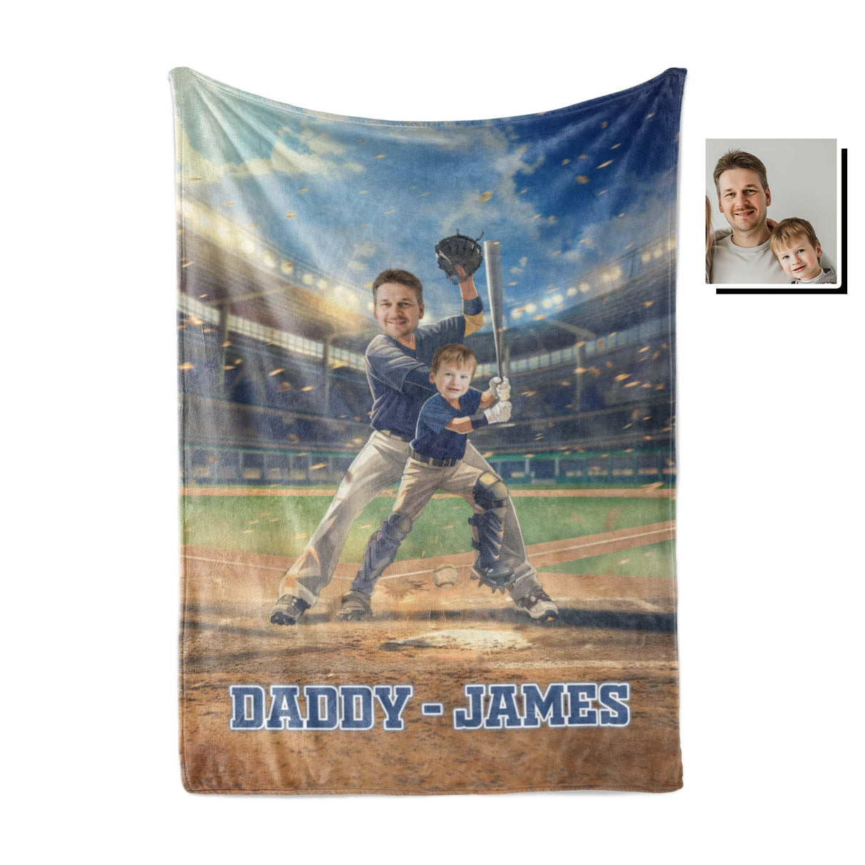 Personalized Face & Name Baseball Boy Navy Jersey Dad Son Blanket-Blankets-Amor Custom Gifts