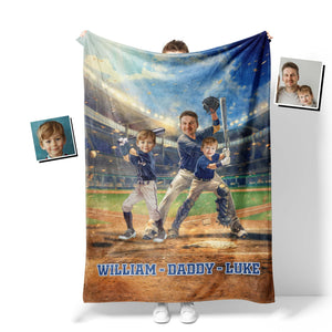 Personalized Face & Name Baseball Boy Navy Jersey Dad Son Blanket-Blankets-Amor Custom Gifts