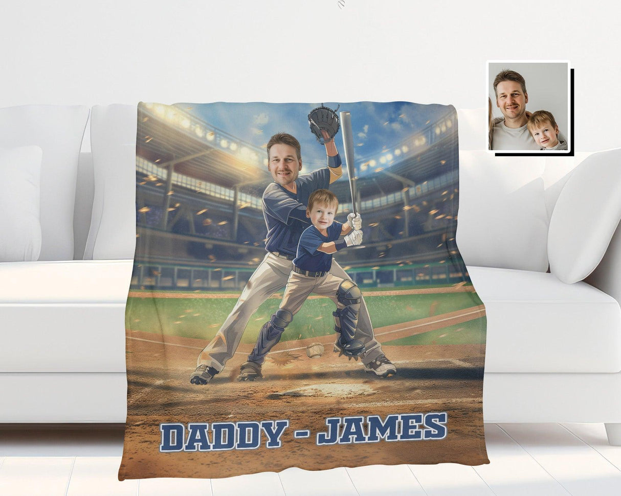 Personalized Face & Name Baseball Boy Navy Jersey Dad Son Blanket-Blankets-Amor Custom Gifts