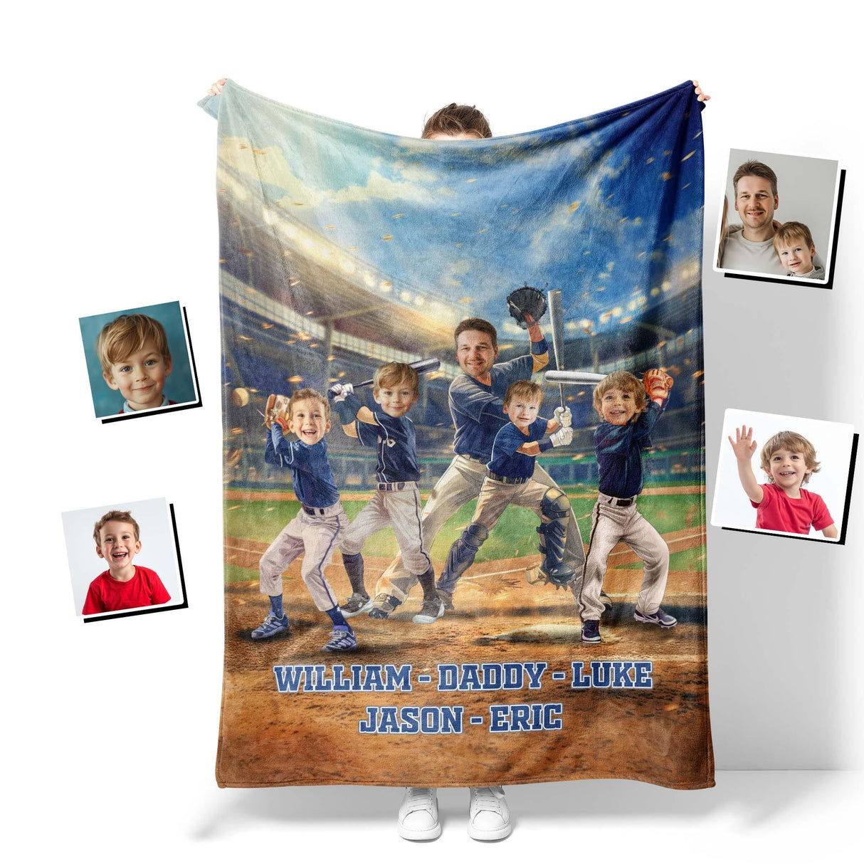 Personalized Face & Name Baseball Boy Navy Jersey Dad Son Blanket-Blankets-Amor Custom Gifts