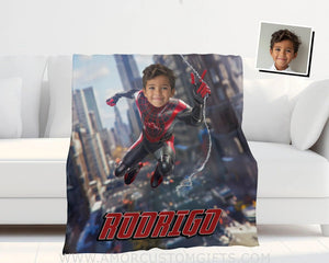 Personalized Face & Name Black Miles Spider Boy Swinging Through City Superhero Blanket Blankets