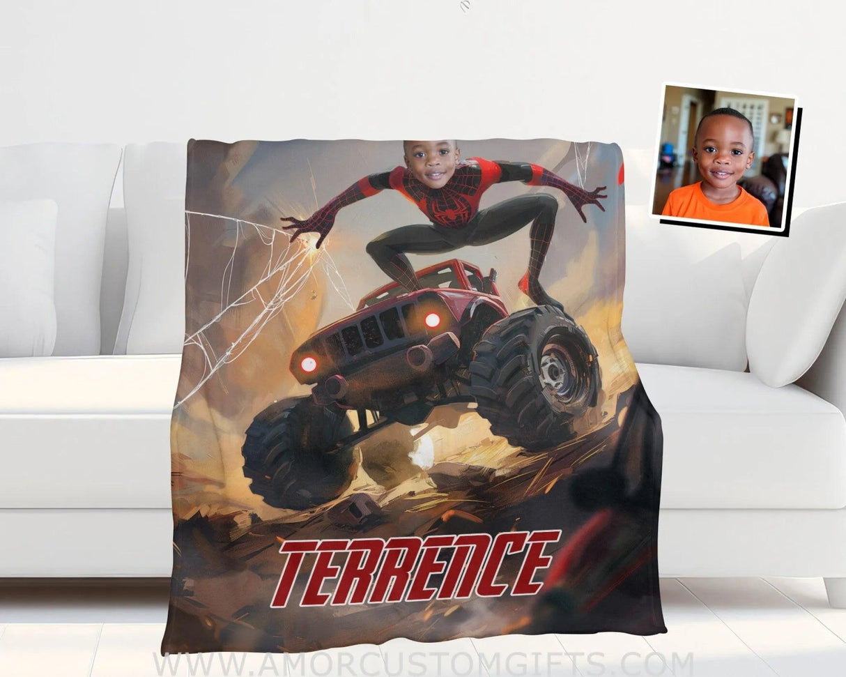 Personalized Face & Name Black Miles Spider Boy With Monster Truck Blanket Blankets