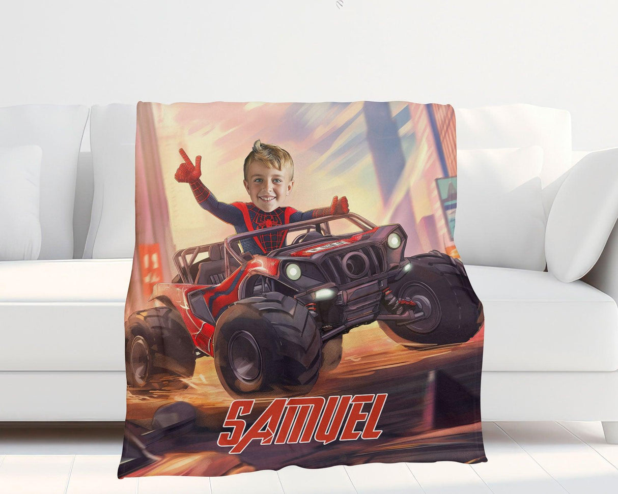 Blankets Personalized Face & Name Black Spider Boy Mile Monster Truck Racing Through City Boy Blanket