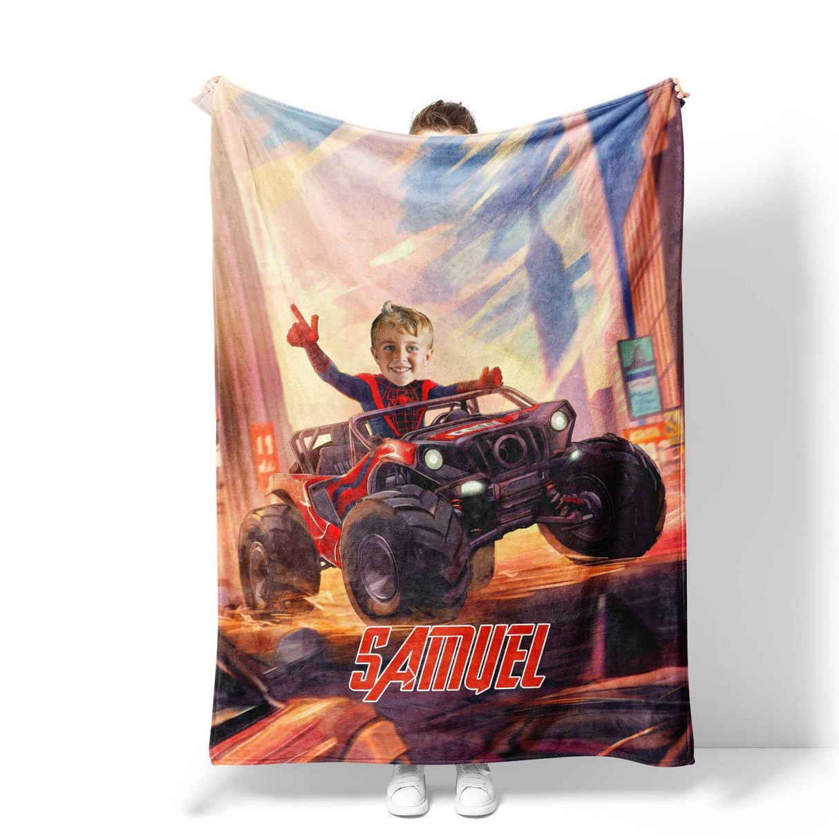 Blankets Personalized Face & Name Black Spider Boy Mile Monster Truck Racing Through City Boy Blanket