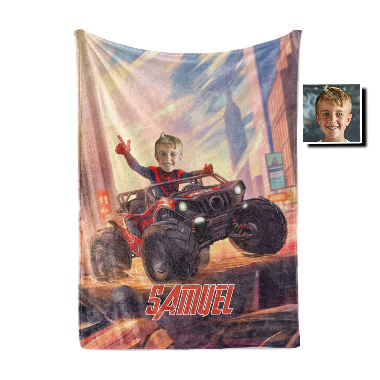 Blankets Personalized Face & Name Black Spider Boy Mile Monster Truck Racing Through City Boy Blanket