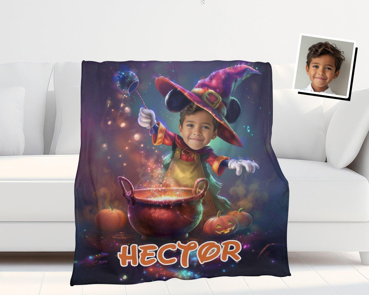 Personalized Face & Name Cartoon Mouse Halloween Cauldron Concoction Boy Photo Blanket-Blankets-Amor Custom Gifts