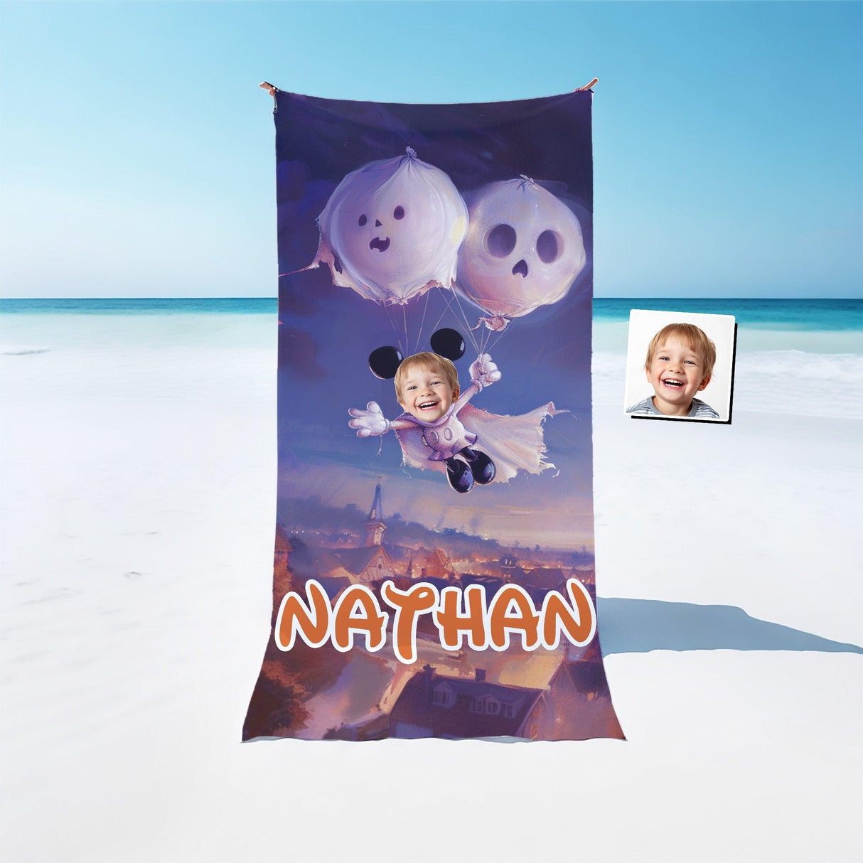 Personalized Face & Name Cartoon Mouse Halloween Ghostly Balloon Ride Boy Photo Beach Towel - Amor Custom Gifts