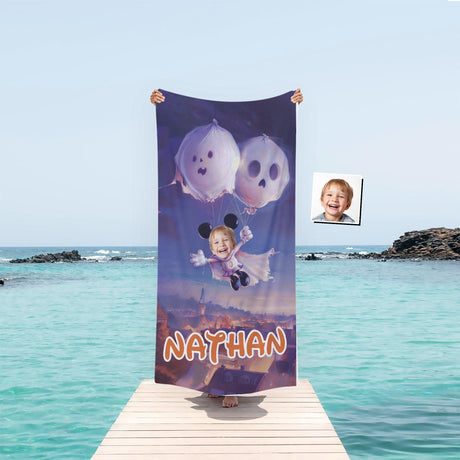 Personalized Face & Name Cartoon Mouse Halloween Ghostly Balloon Ride Boy Photo Beach Towel - Amor Custom Gifts