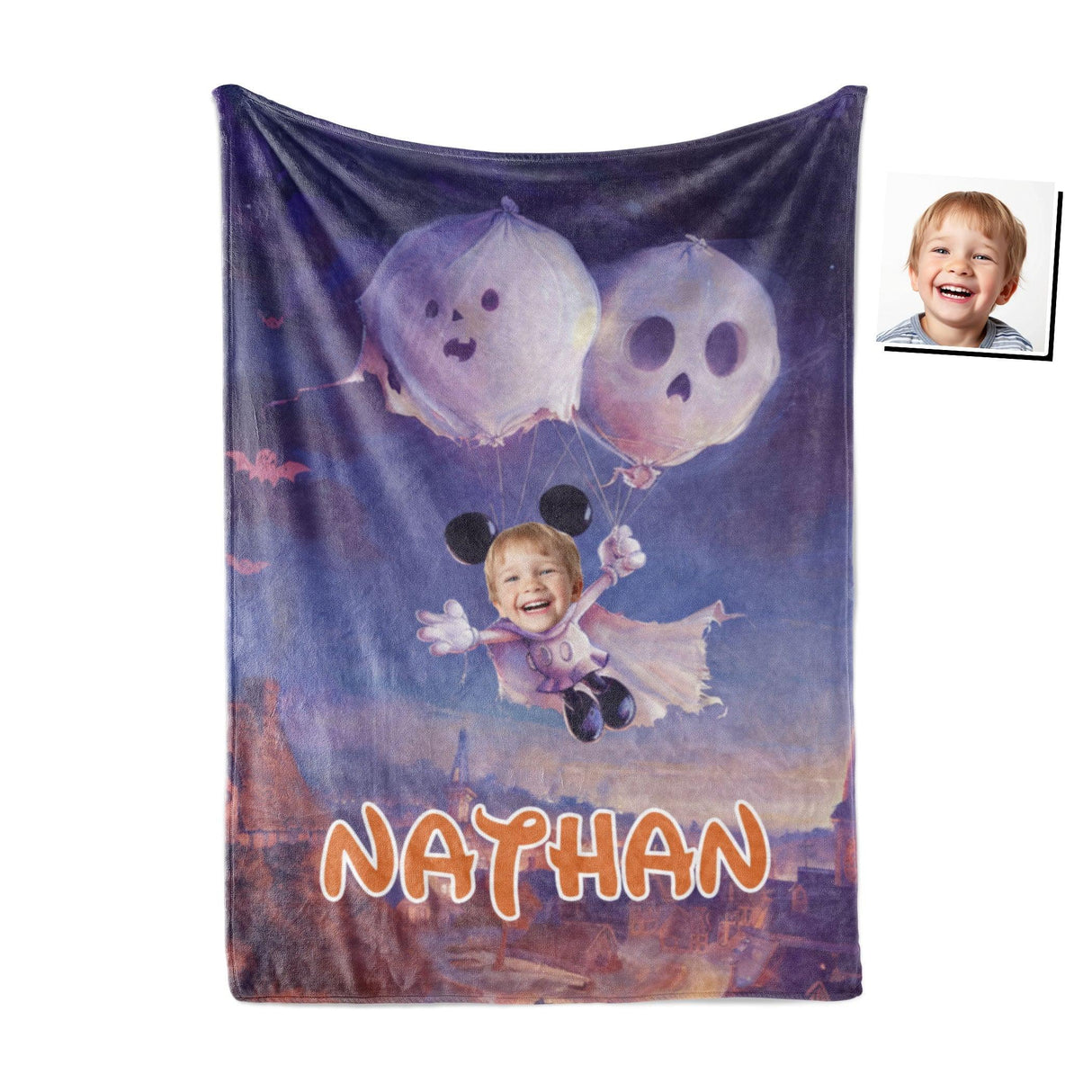 Personalized Face & Name Cartoon Mouse Halloween Ghostly Balloon Ride Boy Photo Blanket-Blankets-Amor Custom Gifts