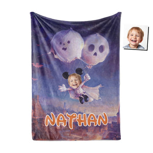 Personalized Face & Name Cartoon Mouse Halloween Ghostly Balloon Ride Boy Photo Blanket-Blankets-Amor Custom Gifts