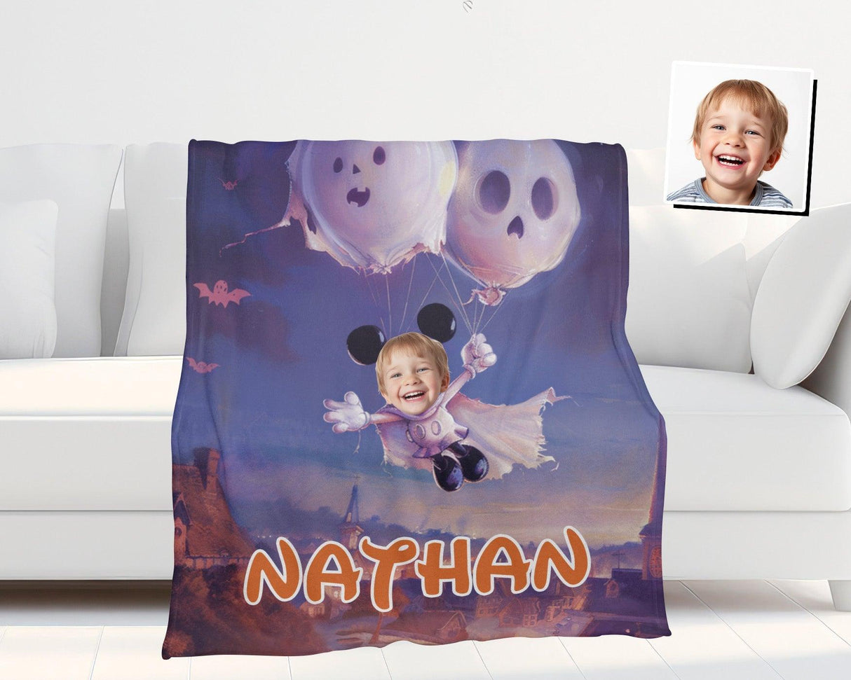 Personalized Face & Name Cartoon Mouse Halloween Ghostly Balloon Ride Boy Photo Blanket-Blankets-Amor Custom Gifts