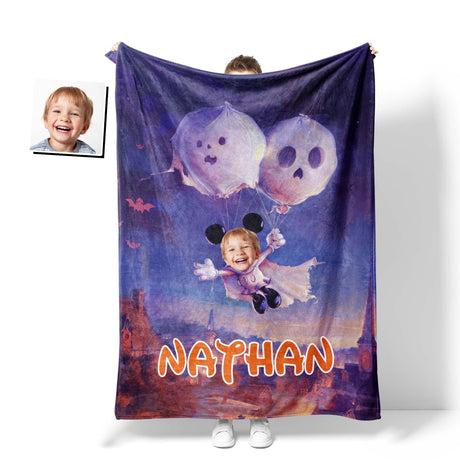 Personalized Face & Name Cartoon Mouse Halloween Ghostly Balloon Ride Boy Photo Blanket-Blankets-Amor Custom Gifts