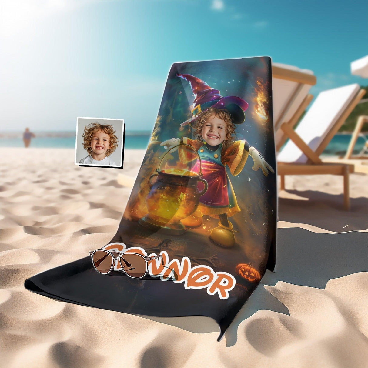 Personalized Face & Name Cartoon Mouse Halloween Witch Boy Photo Beach Towel - Amor Custom Gifts