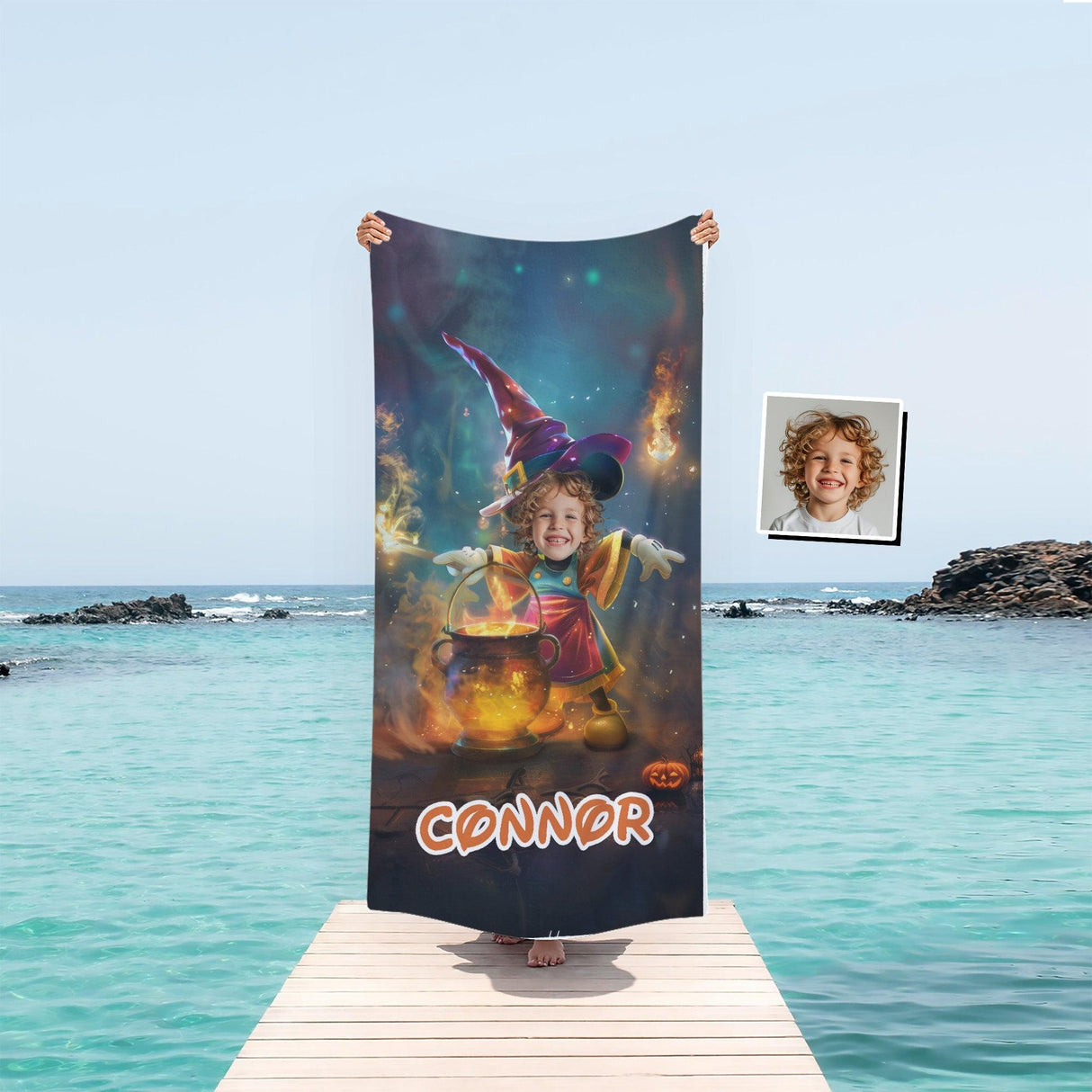 Personalized Face & Name Cartoon Mouse Halloween Witch Boy Photo Beach Towel - Amor Custom Gifts