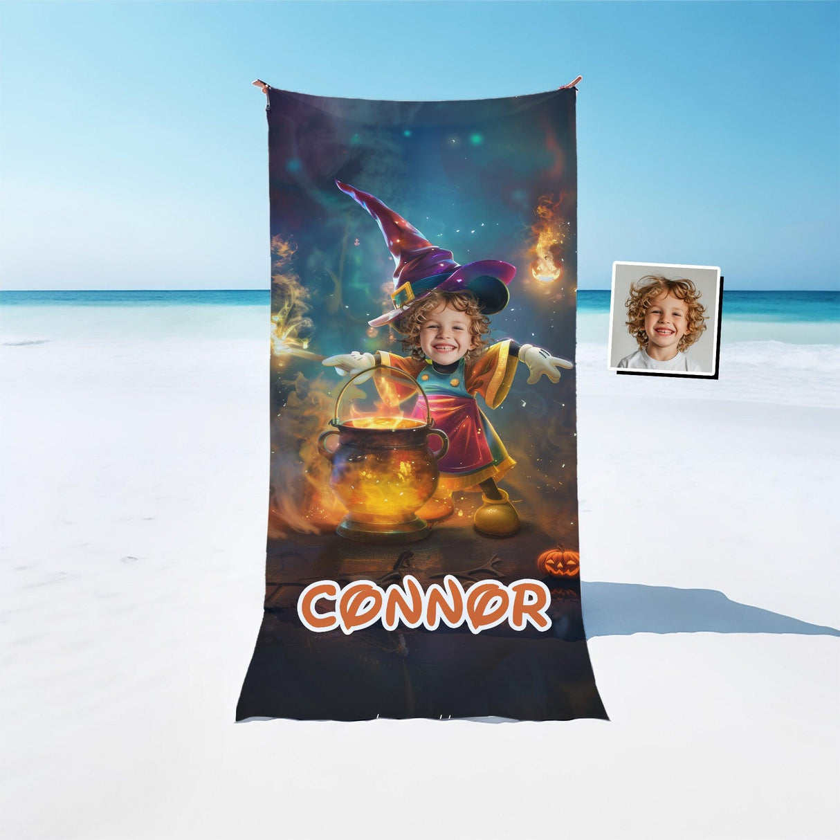 Personalized Face & Name Cartoon Mouse Halloween Witch Boy Photo Beach Towel - Amor Custom Gifts