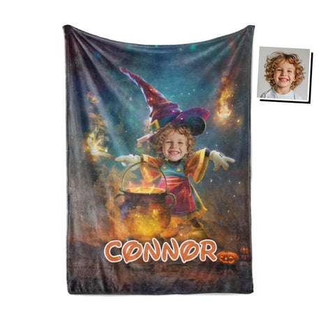 Personalized Face & Name Cartoon Mouse Halloween Witch Boy Photo Blanket-Blankets-Amor Custom Gifts