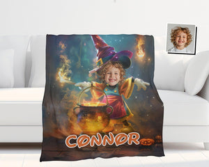 Personalized Face & Name Cartoon Mouse Halloween Witch Boy Photo Blanket-Blankets-Amor Custom Gifts