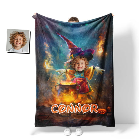 Personalized Face & Name Cartoon Mouse Halloween Witch Boy Photo Blanket-Blankets-Amor Custom Gifts