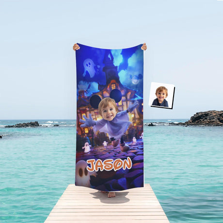 Personalized Face & Name Cartoon Mouse Haunted House Party Boy Photo Beach Towel - Amor Custom Gifts