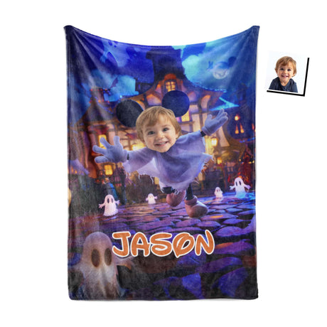 Personalized Face & Name Cartoon Mouse Haunted House Party Boy Photo Blanket-Blankets-Amor Custom Gifts