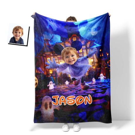 Personalized Face & Name Cartoon Mouse Haunted House Party Boy Photo Blanket-Blankets-Amor Custom Gifts