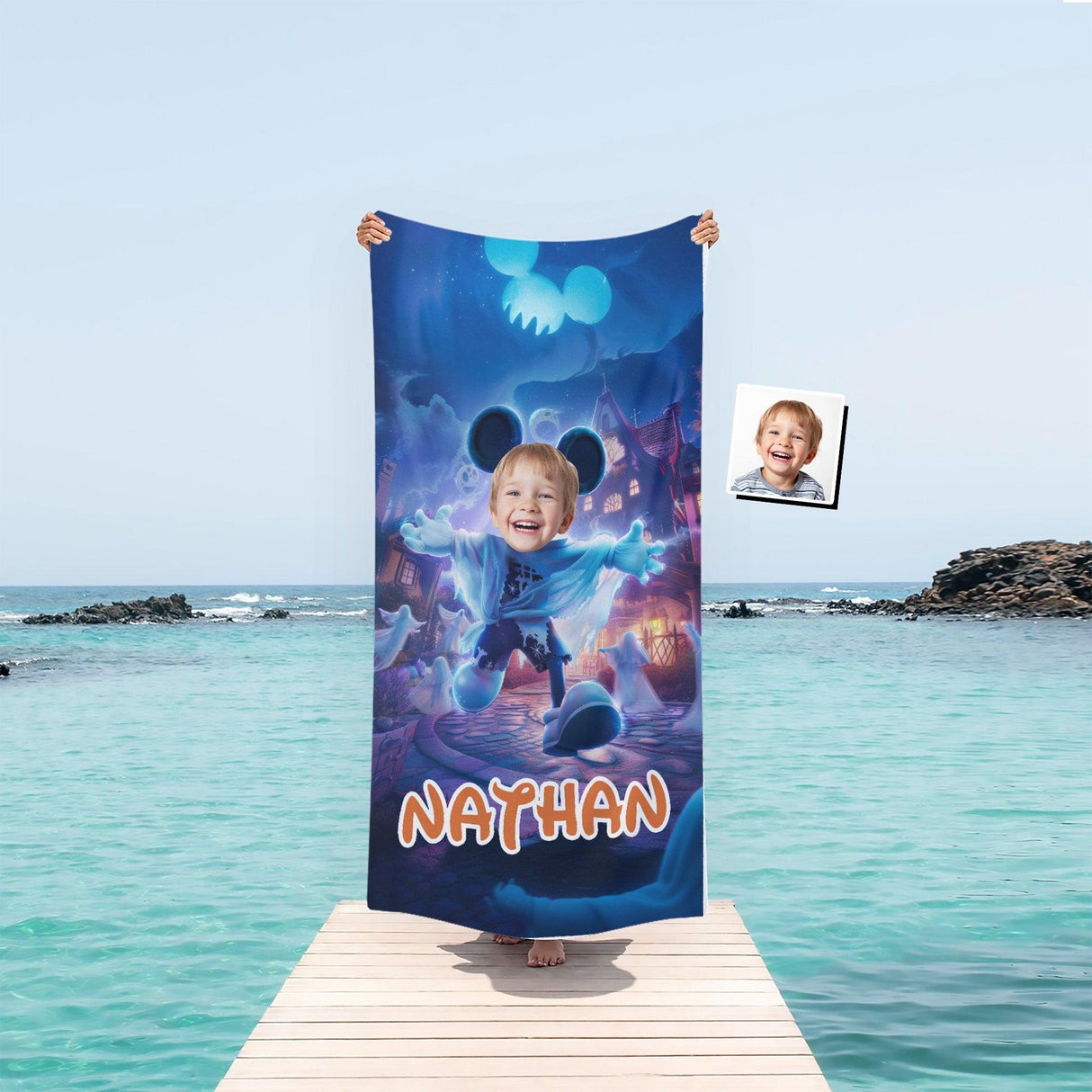 Personalized Face & Name Cartoon Mouse Haunted House Party Halloween Boy Photo Beach Towel - Amor Custom Gifts