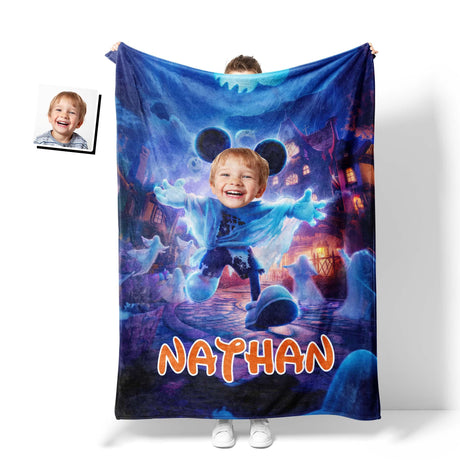 Personalized Face & Name Cartoon Mouse Haunted House Party Halloween Boy Photo Blanket-Blankets-Amor Custom Gifts