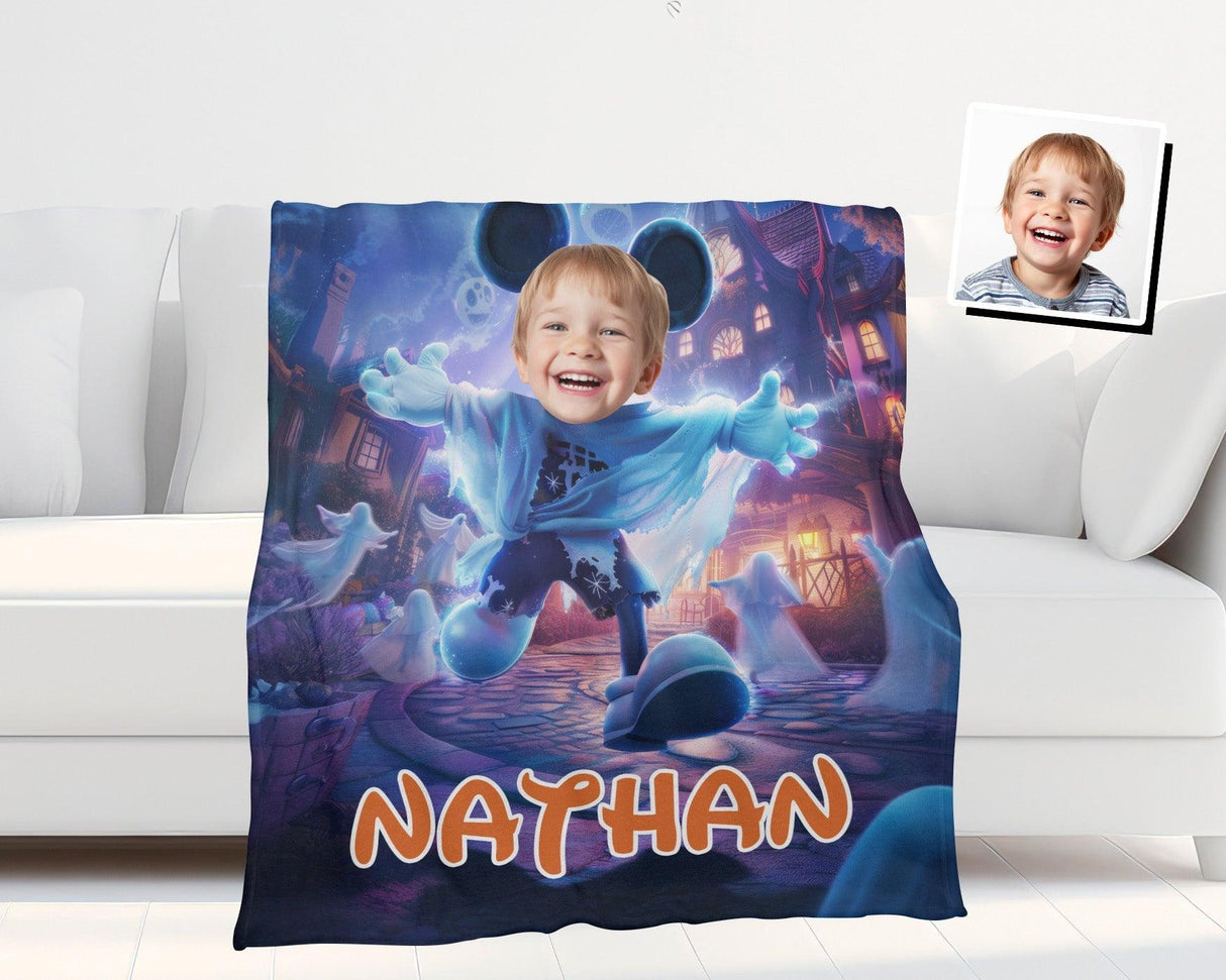 Personalized Face & Name Cartoon Mouse Haunted House Party Halloween Boy Photo Blanket-Blankets-Amor Custom Gifts