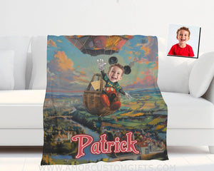 Personalized Face & Name Cartoon Mouse Hot Air Balloon Blanket Blankets