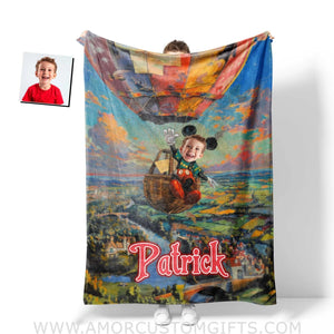 Personalized Face & Name Cartoon Mouse Hot Air Balloon Blanket Blankets