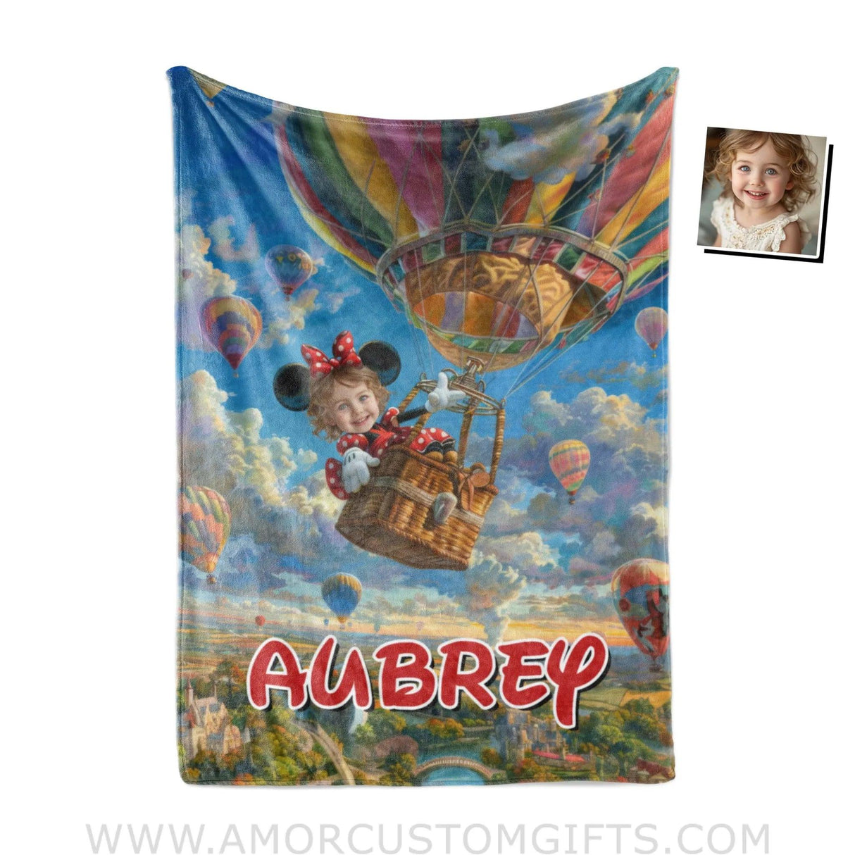 Personalized Face & Name Cartoon Mouse Hot Air Balloon Ride Girl Blanket Blankets