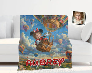 Personalized Face & Name Cartoon Mouse Hot Air Balloon Ride Girl Blanket Blankets