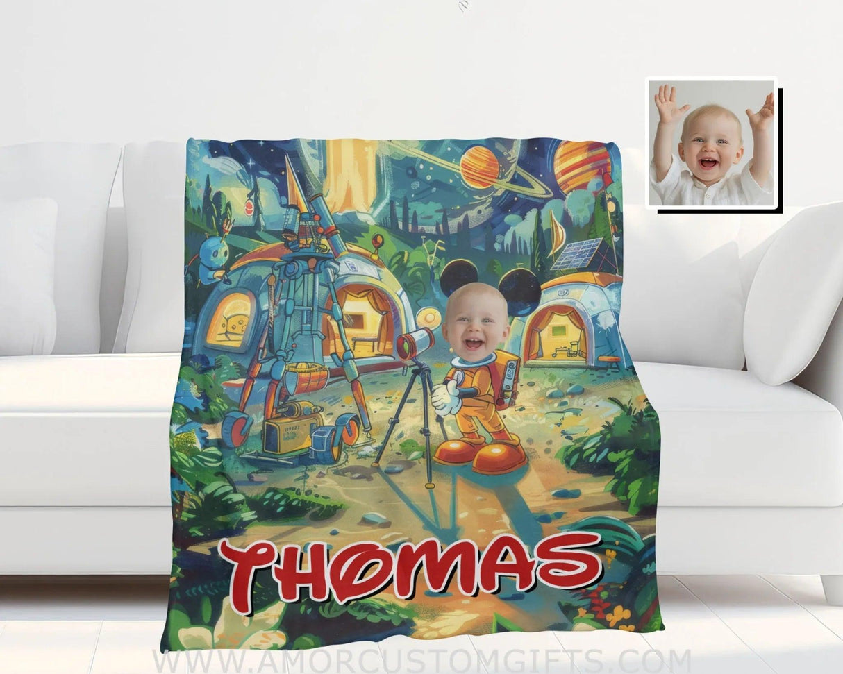 Personalized Face & Name Cartoon Mouse In Galaxy Boy Blanket Blankets