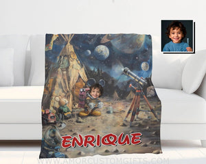 Personalized Face & Name Cartoon Mouse In Galaxy Boy Blanket Blankets