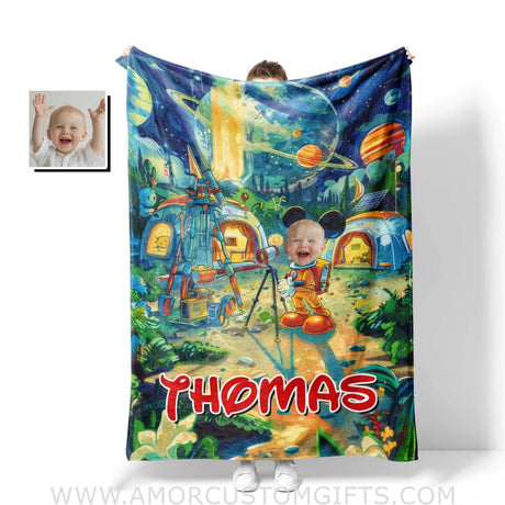 Personalized Face & Name Cartoon Mouse In Galaxy Boy Blanket Blankets