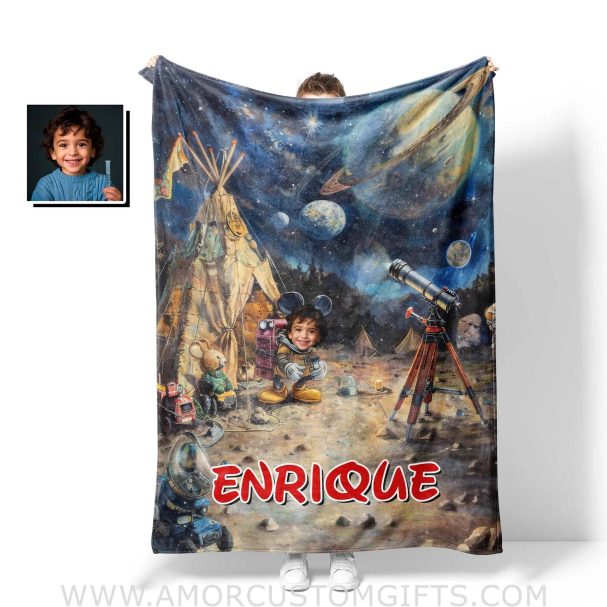 Personalized Face & Name Cartoon Mouse In Galaxy Boy Blanket Blankets