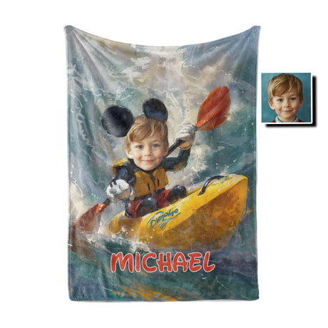 Personalized Face & Name Cartoon Mouse Kayak Boy Photo Blanket-Blankets-Amor Custom Gifts