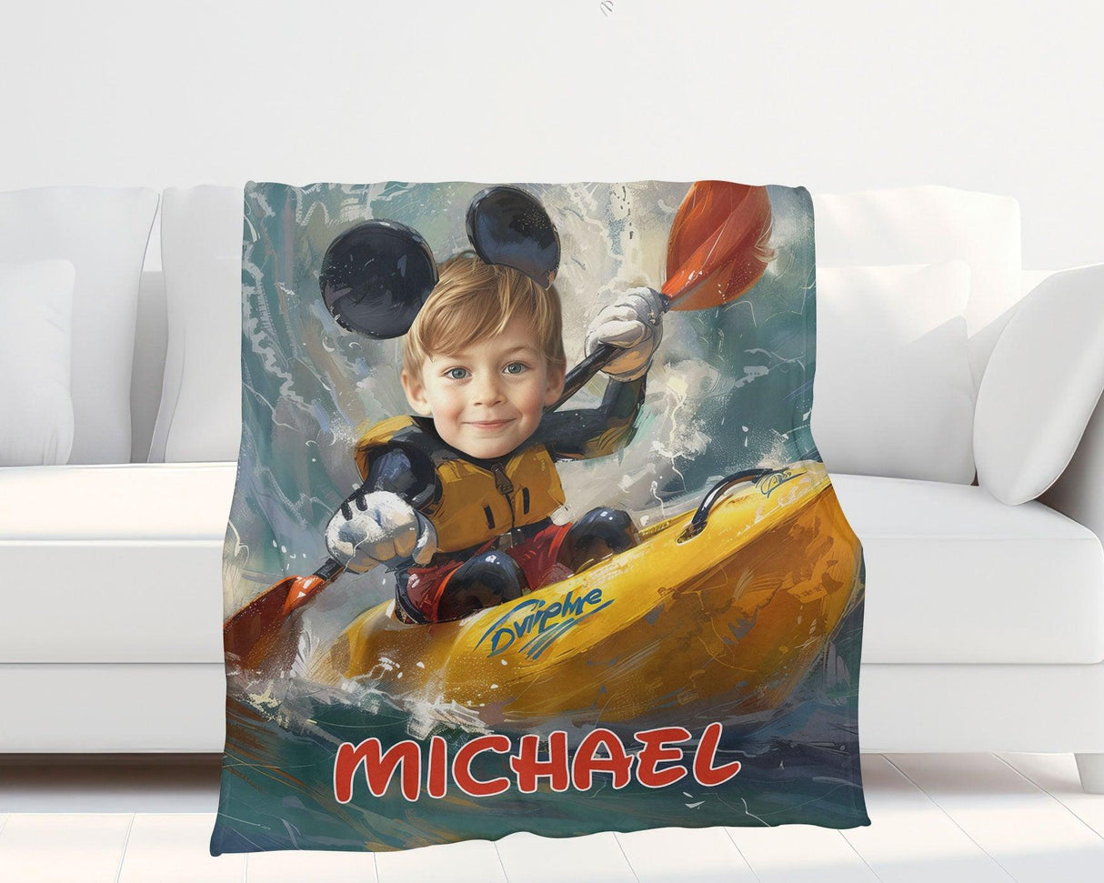 Personalized Face & Name Cartoon Mouse Kayak Boy Photo Blanket-Blankets-Amor Custom Gifts