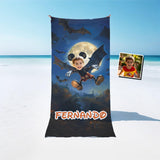 Personalized Face & Name Cartoon Mouse Moonlit Bat Flight Halloween Boy Photo Beach Towel - Amor Custom Gifts