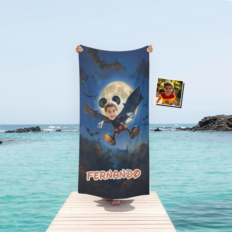 Personalized Face & Name Cartoon Mouse Moonlit Bat Flight Halloween Boy Photo Beach Towel - Amor Custom Gifts