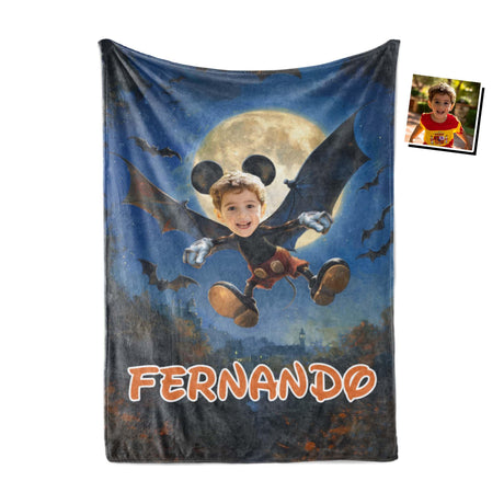 Personalized Face & Name Cartoon Mouse Moonlit Bat Flight Halloween Boy Photo Blanket-Blankets-Amor Custom Gifts